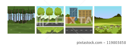 Natural Summer Landscape View and Scene of Field and City Vector Set 119803858