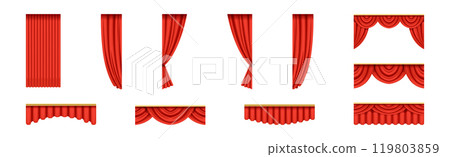 Luxury Scarlet Red Silk Curtains and Draperies Interior or Stage Decoration Vector Set Luxury Scarlet Red Silk Curtains and Draperies Interior or Stage Decoration Vector Set 119803859