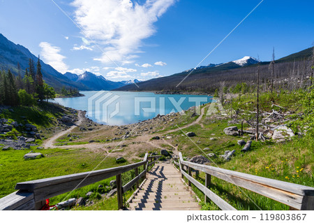 Beautiful natural scenery in Jasper National Park. Medicine Lake in June summer sunny day. Alberta, Canada. Medicine Lake Lookout wooden stairs. 119803867