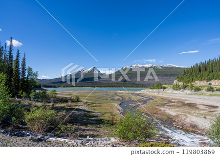 Nature scenery from upper Medicine Lake in June summer day. Jasper National Park, Alberta, Canada. Canadian Rockies. Nature scenery from upper Medicine Lake in June summer day. Jasper National Park, Alberta, Canada. Canadian Rockies. 119803869
