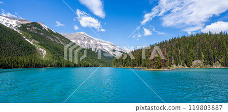 Maligne Lake summer scenery in Jasper National Park, Alberta, Canada. Canadian Rockies snow capped mountain range panoramic view. Maligne Lake summer scenery in Jasper National Park, Alberta, Canada. Canadian Rockies snow capped mountain range panoramic view. 119803887