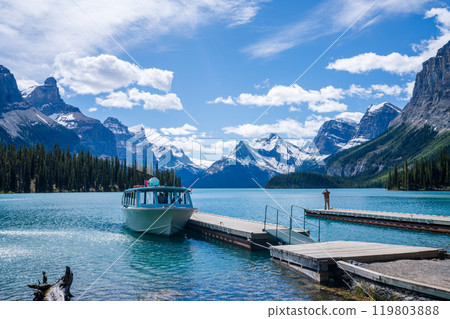 Maligne Lake Cruise boat pier at spirit island. Maligne Lake summer scenery reflected on the water. Jasper National Park, Alberta, Canada. Canadian Rockies. 119803888