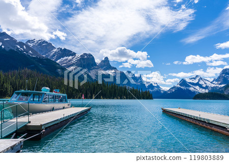 Maligne Lake Cruise boat pier at spirit island. Maligne Lake summer scenery reflected on the water. Jasper National Park, Alberta, Canada. Canadian Rockies. Maligne Lake Cruise boat pier at spirit island. Maligne Lake summer scenery reflected on the water. Jasper National Park, Alberta, Canada. Canadian Rockies. 119803889