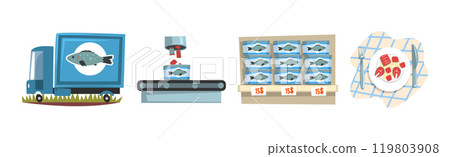 Fish Industry and Seafood Production Colorful Vector Set 119803908