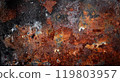 Backdrop of rusty surface of dark, brown, and orange hues. Detailed grunge rusted metal texture. Close-up of rust patterns, aged iron, scratched, worn, distressed areas, decay, corrosion details 119803957