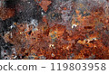 Backdrop of rusty surface of dark, brown, and orange hues. Detailed grunge rusted metal texture. Close-up of rust patterns, aged iron, scratched, worn, distressed areas, decay, corrosion details 119803958
