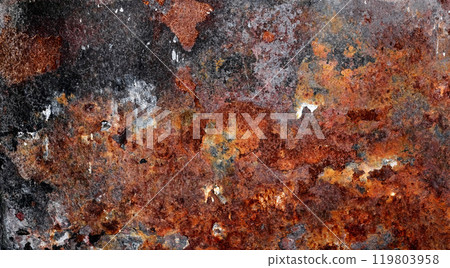 Backdrop of rusty surface of dark, brown, and orange hues. Detailed grunge rusted metal texture. Close-up of rust patterns, aged iron, scratched, worn, distressed areas, decay, corrosion details 119803958