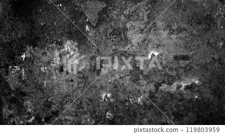 Monochrome backdrop of rusty surface dark gray hues. Black and white grunge rust metal texture. Close-up abstract background of aged old iron, scratch pattern, worn, distress area, corrosion details 119803959