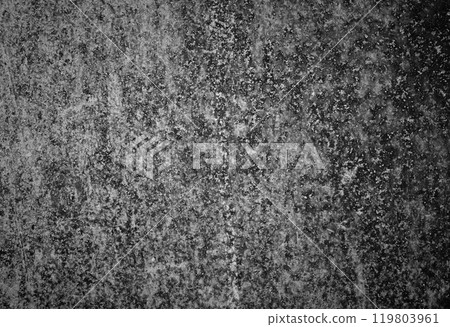 Monochrome backdrop of rusty surface dark gray hues. Black and white grunge rust metal texture. Close-up abstract background of aged old iron, scratch pattern, worn, distress area, corrosion details 119803961