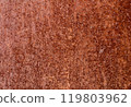 Backdrop of rusty surface of dark, brown, and orange hues. Detailed grunge rusted metal texture. Close-up of rust patterns, aged iron, scratched, worn, distressed areas, decay, corrosion details 119803962