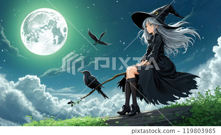 A full moon shining in the dark night and a mysterious woman in a red dress 119803985