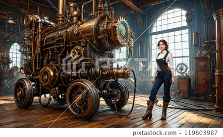 Woman looking at a steam locomotive 119803987
