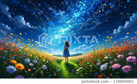 A person walking in a cosmos field 119804001