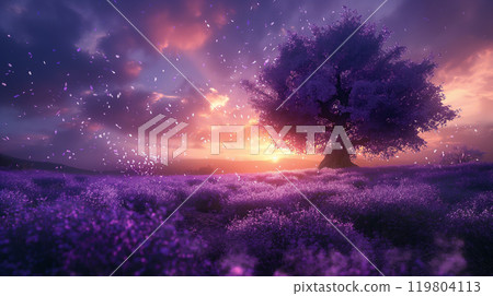 Serene sunset over tranquil lake with blossoming pink tree nearby, magic background. Generative AI 119804113