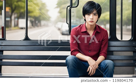 Man sitting on a travel bench 119804170