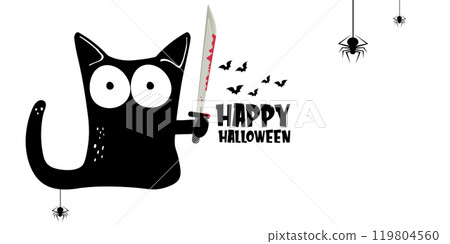 Happy halloween greeting card or banner with Black cat holding bloody knife isolated on white background. Funny Halloween black cat holding a bloody knife . PNG Halloween vector design template Happy halloween greeting card or banner with Black cat holding bloody knife isolated on white background. Funny Halloween black cat holding a bloody knife . PNG Halloween vector design template 119804560