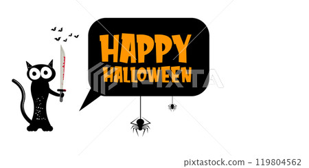 Happy halloween greeting card or banner with Black cat holding bloody knife isolated on white background. Funny Halloween black cat holding a bloody knife . PNG Halloween vector design template Happy halloween greeting card or banner with Black cat holding bloody knife isolated on white background. Funny Halloween black cat holding a bloody knife . PNG Halloween vector design template 119804562
