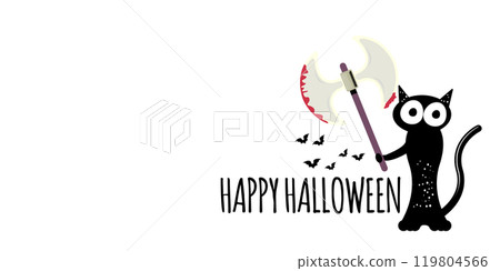 Happy halloween greeting card or banner with Black cat holding bloody knife isolated on white background. Funny Halloween black cat holding a bloody knife . PNG Halloween vector design template Happy halloween greeting card or banner with Black cat holding bloody knife isolated on white background. Funny Halloween black cat holding a bloody knife . PNG Halloween vector design template 119804566