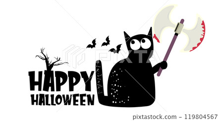 Happy halloween greeting card or banner with Black cat holding bloody knife isolated on white background. Funny Halloween black cat holding a bloody knife . PNG Halloween vector design template Happy halloween greeting card or banner with Black cat holding bloody knife isolated on white background. Funny Halloween black cat holding a bloody knife . PNG Halloween vector design template 119804567