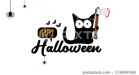 Happy halloween greeting card or banner with Black cat holding bloody knife isolated on white background. Funny Halloween black cat holding a bloody knife . PNG Halloween vector design template 119804568