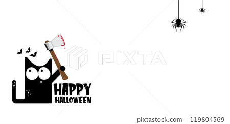 Happy halloween greeting card or banner with Black cat holding bloody knife isolated on white background. Funny Halloween black cat holding a bloody knife . PNG Halloween vector design template Happy halloween greeting card or banner with Black cat holding bloody knife isolated on white background. Funny Halloween black cat holding a bloody knife . PNG Halloween vector design template 119804569