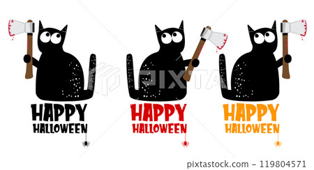 Happy halloween greeting card or banner with Black cat holding bloody knife isolated on white background. Funny Halloween black cat holding a bloody knife . PNG Halloween vector design template 119804571