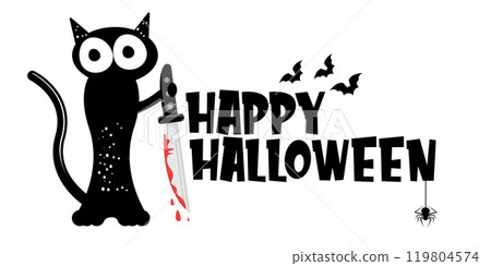 Happy halloween greeting card or banner with Black cat holding bloody knife isolated on white background. Funny Halloween black cat holding a bloody knife . PNG Halloween vector design template Happy halloween greeting card or banner with Black cat holding bloody knife isolated on white background. Funny Halloween black cat holding a bloody knife . PNG Halloween vector design template 119804574