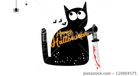Happy halloween greeting card or banner with Black cat holding bloody knife isolated on white background. Funny Halloween black cat holding a bloody knife . PNG Halloween vector design template Happy halloween greeting card or banner with Black cat holding bloody knife isolated on white background. Funny Halloween black cat holding a bloody knife . PNG Halloween vector design template 119804575