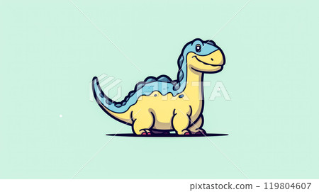 Cartoon dinosaur is sitting on green background. 119804607