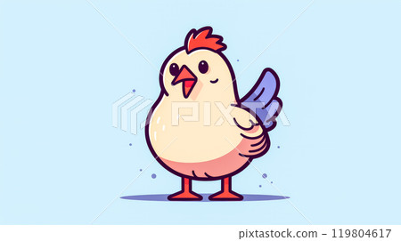 A cartoon chicken with a red beak and blue wing stands on two legs 119804617