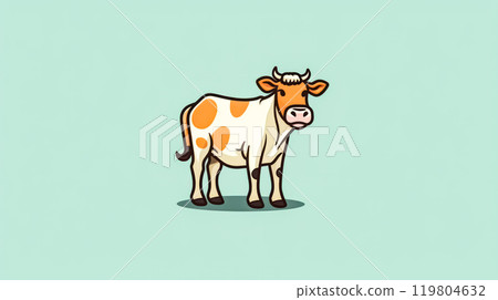 Cartoon cow with white face and black spots stands in front of green background. 119804632