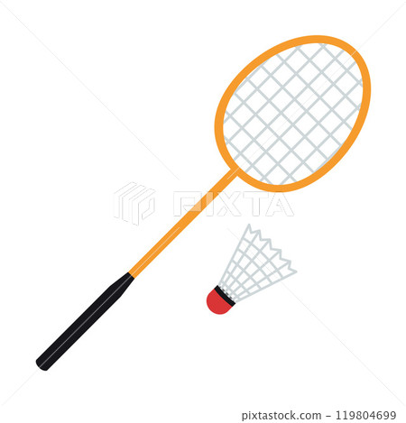 Badminton racket and shuttlecock. Vector illustration isolated on white background, hand drawn, flat design 119804699