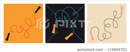 Jump rope for games, jumping and cardio training set. Cord, twisted into a heart shape. Beaded and rubber Skipping rope. Trendy modern vector illustration, hand drawn, flat design Jump rope for games, jumping and cardio training set. Cord, twisted into a heart shape. Beaded and rubber Skipping rope. Trendy modern vector illustration, hand drawn, flat design 119804702