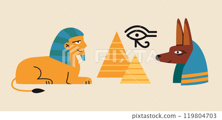 Symbols of Ancient Egypt, Historical Heritage and Tourist Attractions. Lovely Sphinx, Pyramids, Anubis and Eye of Ra. Trendy modern vector illustration, hand drawn, flat design Symbols of Ancient Egypt, Historical Heritage and Tourist Attractions. Lovely Sphinx, Pyramids, Anubis and Eye of Ra. Trendy modern vector illustration, hand drawn, flat design 119804703