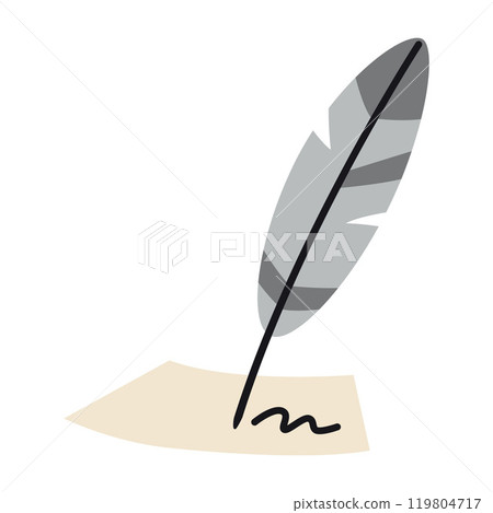 Quill, Bird feather writes on paper, literature and history concept, ancient times. Vector illustration isolated on white background, hand drawn, flat design 119804717