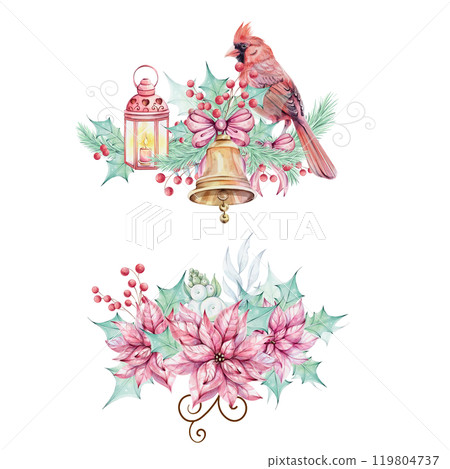 Watercolor arrangements - Christmas bird red cardinal, with brunch, red berries and bow, isolated. Red poinsettia flowers bouquet with holly green leaves. Border Symbol of Christmas. Winter holiday Watercolor arrangements - Christmas bird red cardinal, with brunch, red berries and bow, isolated. Red poinsettia flowers bouquet with holly green leaves. Border Symbol of Christmas. Winter holiday 119804737
