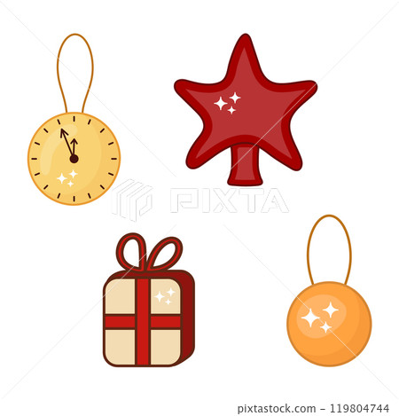 set New Year toy, attributes for Christmas tree decoration. Vector isolated illustration gift, red star for Christmas tree, clock chimes, New Year ball, bauble. 119804744