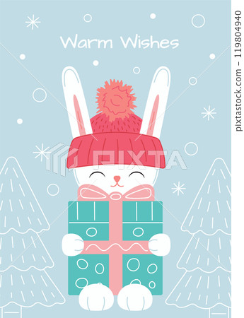 Greeting card with cute rabbit holding giving box 119804940