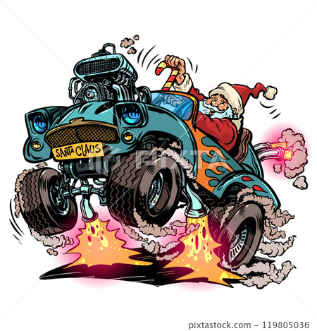 Delivery of New Year Christmas gifts by car. Santa Claus drives a cool car. Car service in winter, repair and change of tires. 119805036