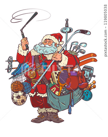 Santa Claus with sports equipment. New Year and Christmas gifts for fitness. Sale of goods and services for athletes on the holiday. Santa Claus with sports equipment. New Year and Christmas gifts for fitness. Sale of goods and services for athletes on the holiday. 119805038