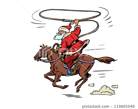 Speed on items in New Year and Christmas. Customers try to buy gifts. Santa Claus rides a horse with a lasso. Speed on items in New Year and Christmas. Customers try to buy gifts. Santa Claus rides a horse with a lasso. 119805040