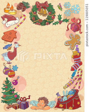 New Year Christmas frame. Guest card for the coming Christmas. Holiday atmosphere in stores. New Year Christmas frame. Guest card for the coming Christmas. Holiday atmosphere in stores. 119805051