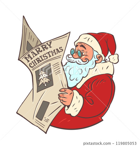 Santa Claus reads a newspaper. New Year's news about the upcoming holiday. Summary for the past year. Santa Claus reads a newspaper. New Year's news about the upcoming holiday. Summary for the past year. 119805053
