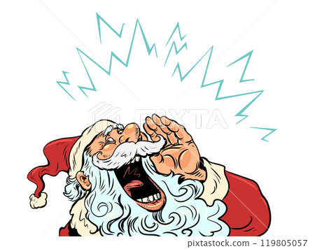 Santa Claus screams loudly. Bright offer for clients on New Year. Buy a gift for the holiday. 119805057
