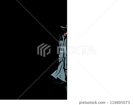 The male detective is hiding. The spy is watching the target. The scammer is somewhere nearby. The male detective is hiding. The spy is watching the target. The scammer is somewhere nearby. 119805073