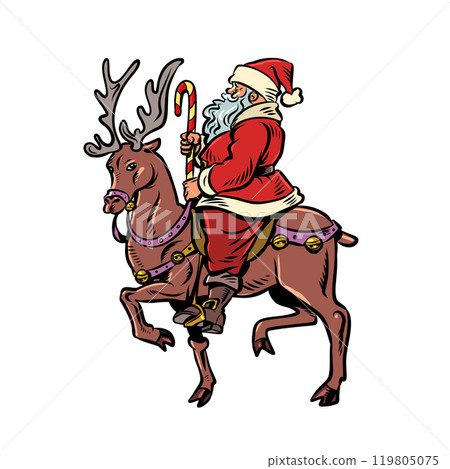 Delivery of gifts for New Year and Christmas. Symbol Santa Claus riding a deer. Business registration during the New Year holidays. 119805075