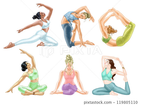 Girls doing yoga. Set of illustrations of young women of different nationalities in yoga asanas. For sports clubs, yoga products, websites. Printing on dishes, bags, T-shirts, stickers, postcards, etc 119805110