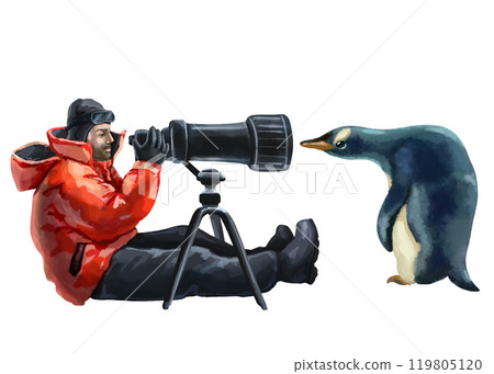 South Pole explorer and a penguin. Funny picture of a man in winter clothes with a camera and a curious penguin. Printing in children encyclopedias, textbooks, postcards, stickers, dishes, key chains. 119805120