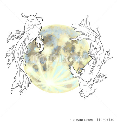 Drawing of two fish on the background of the Moon. An illustration of the horoscope of the Pisces sign. For printing maps, postcards, calendars. Design of astrological sites, tests, predictions, etc. 119805130