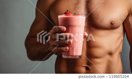 Muscular man showcasing his physique while holding a delicious strawberry milkshake in a gym setting Muscular man showcasing his physique while holding a delicious strawberry milkshake in a gym setting 119805204